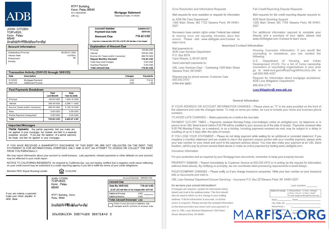 Blank Palau ADB mortgage statement in Word and PDF formats real example